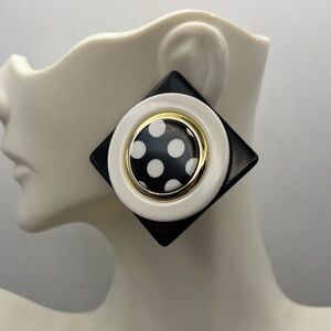 Vintage 80s Geometric Polka Dot Statement Earrings - Black & White Mod